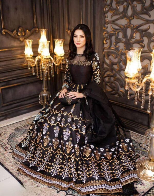 Elegant teal katan black printed-3 pcs set maxi suit
