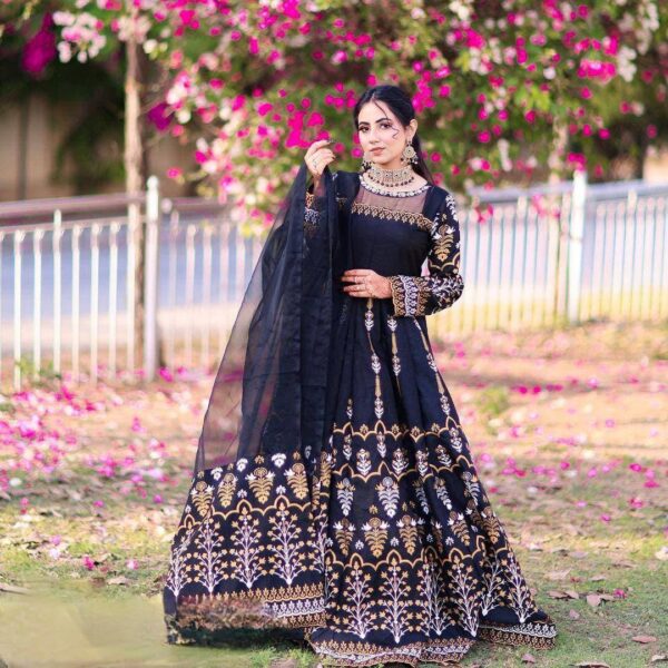 Elegant teal katan black printed-3 pcs set maxi suit - Image 2