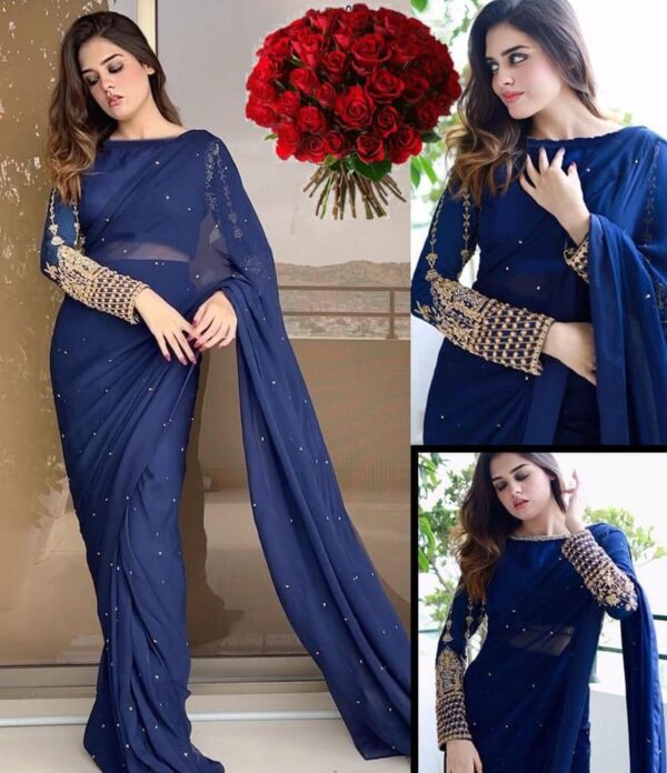 Women chiffon Embroidered stitched saree