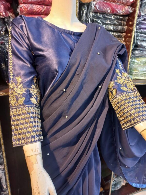 Women chiffon Embroidered stitched saree - Image 3