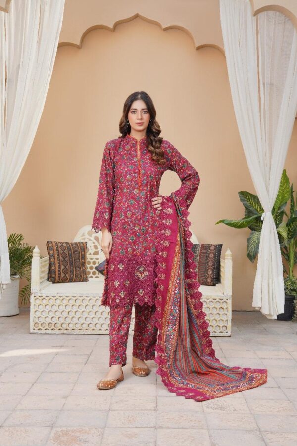 Maroon Embroidered khaddar suit-3 pcs featuring cut work and print design