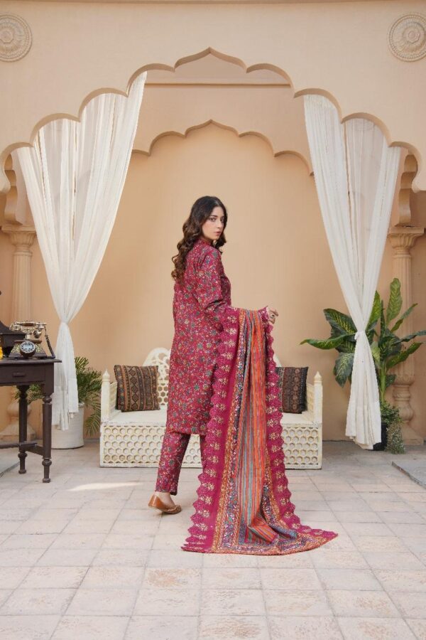 Maroon Embroidered khaddar suit-3 pcs featuring cut work and print design - Image 2