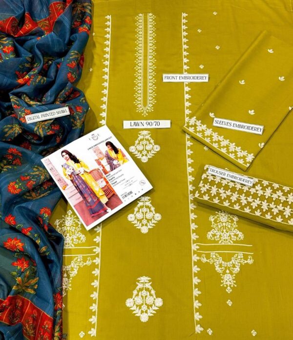 3 Pcs women's unstitched embroidered suit - Image 3