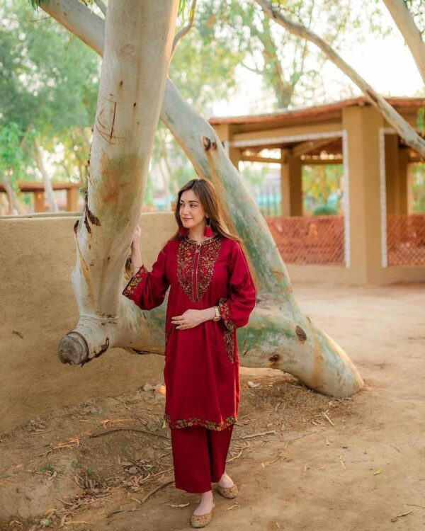 2 PCs women stitched linen sequins embroidered shirt and Trouser - Image 2