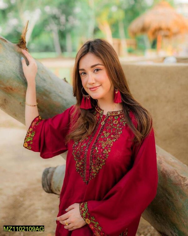 2 PCs women stitched linen sequins embroidered shirt and Trouser