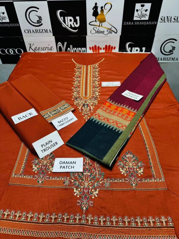3 Pcs women's unstitched embroidered suit - Image 4