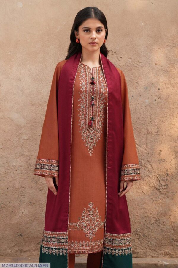 3 Pcs women's unstitched embroidered suit - Image 2
