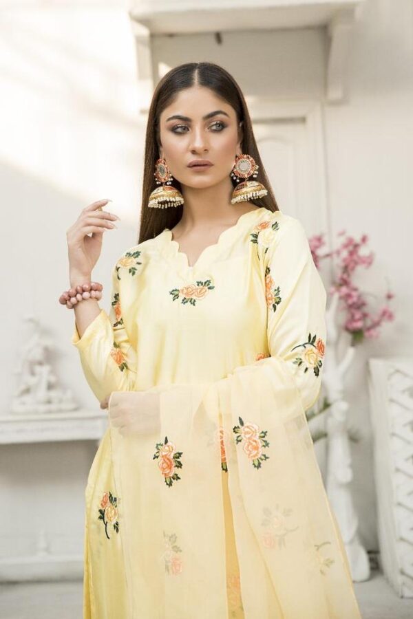 3 Pcs women's unstitched silk embroidered suit - Image 2