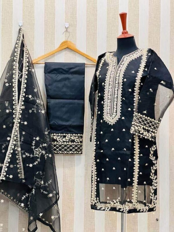 3 Pcs women's stitched organza embroidered suit - Image 4