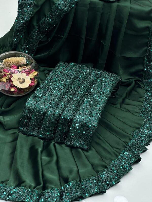 Women's unstitched silk sequins embroidered saree - Image 3